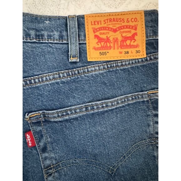 Levis 505 Mens Regular Fit Stretch Jeans W38 L30 Straight Leg Classic Blue Denim - Picture 3 of 8